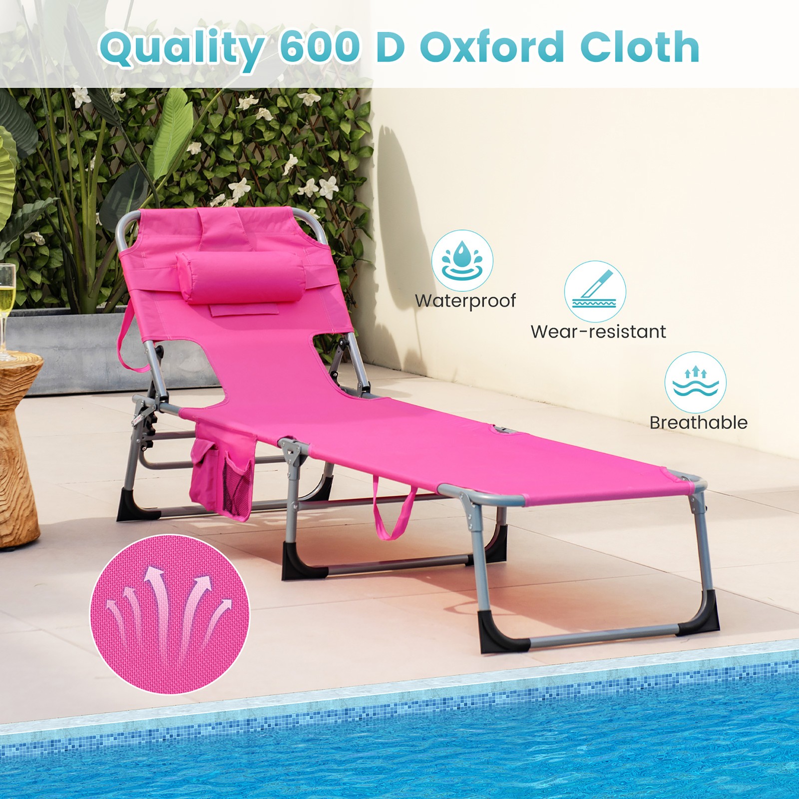 Set of 2 Beach Chaise Lounge Chair Folding Reclining Chair w/ Facing Hole Pink