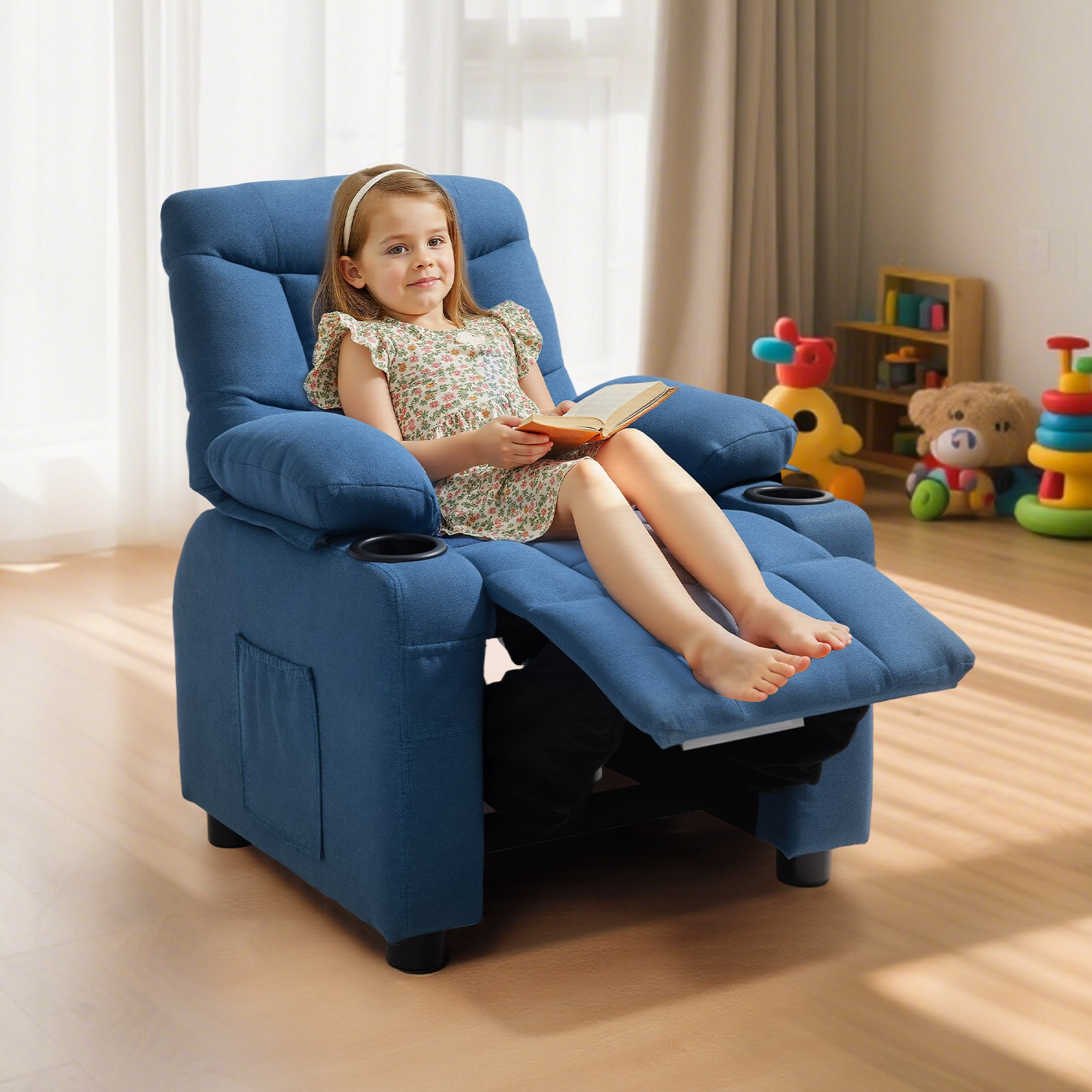 Uimoso Kids Reclining Chair Toddler Recliner with Cup Holders and Pockets (Blue)