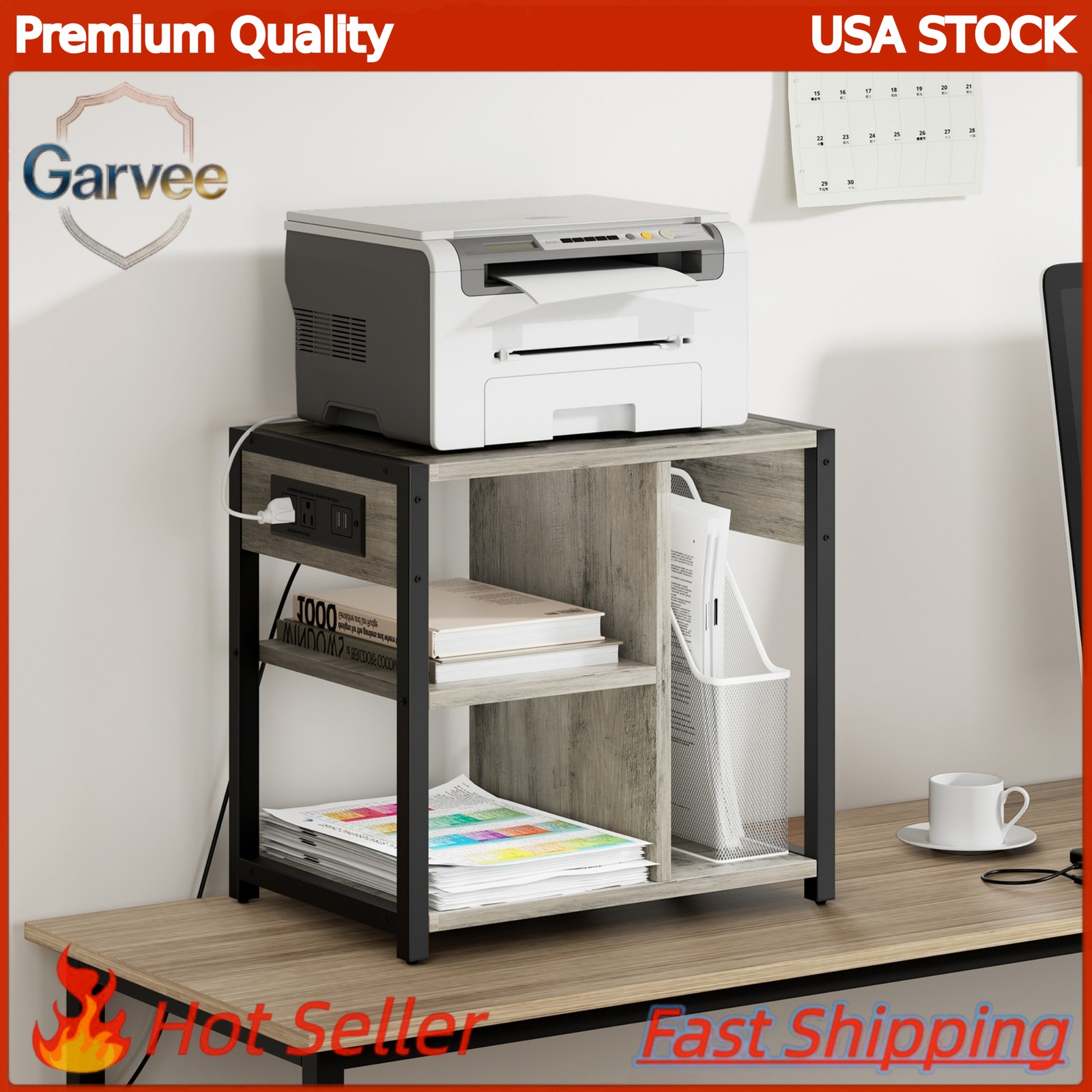 Power Outlets Printer Stand Small Mobile Utility Storage Cart Under Desk Home