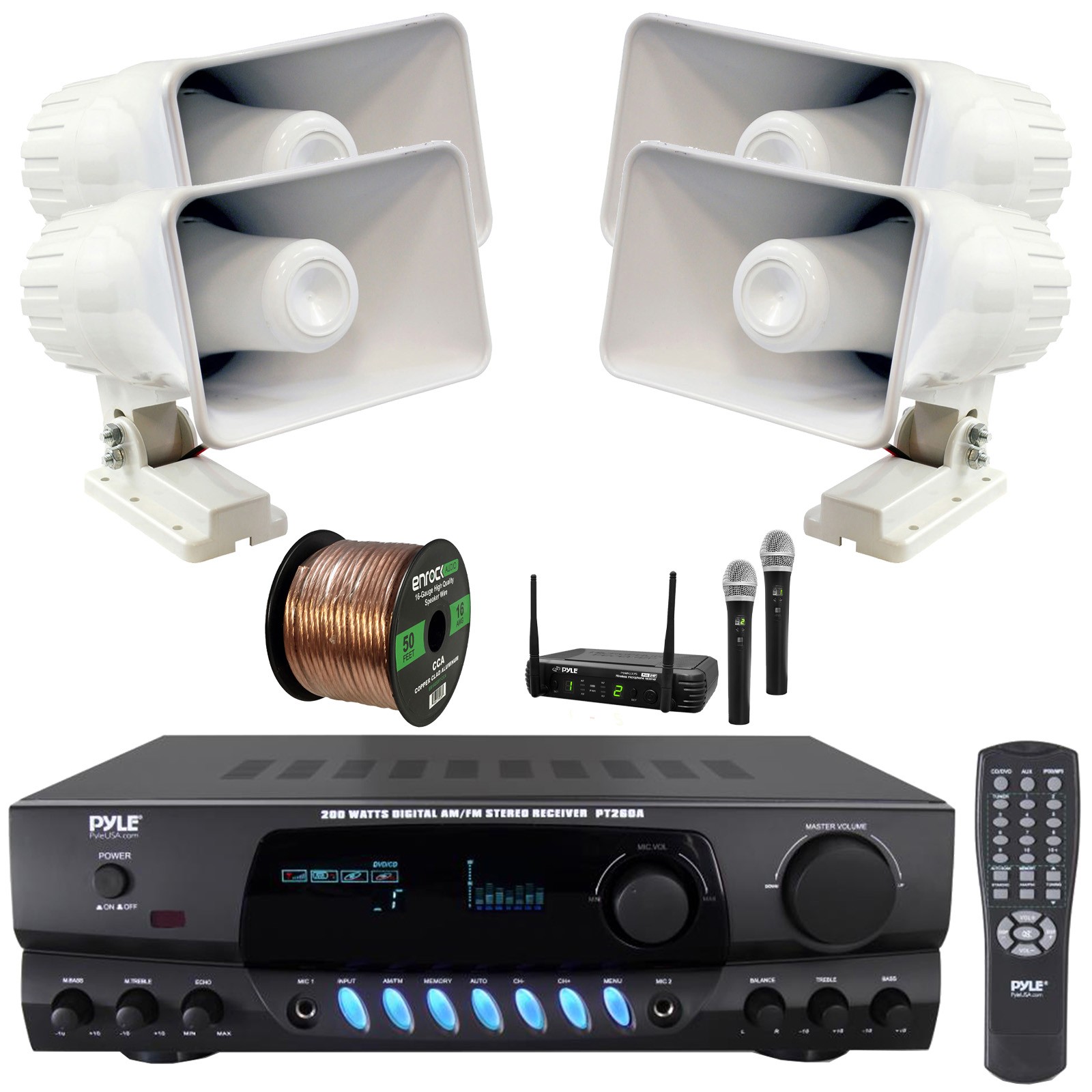 Pyle Stereo Digital Audio Receiver, 4x 6'' 50 Watt PA Horn Speakers, Mic System