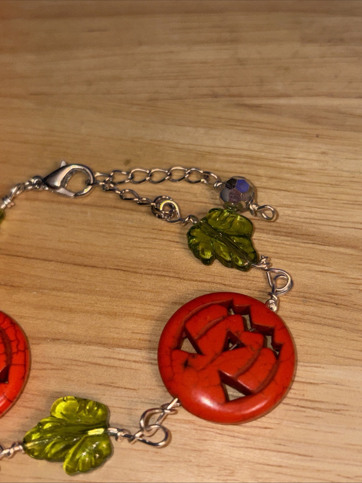 7-9” Handmade,wire wrapped Halloween Pumpkin, Leaf Bracelet