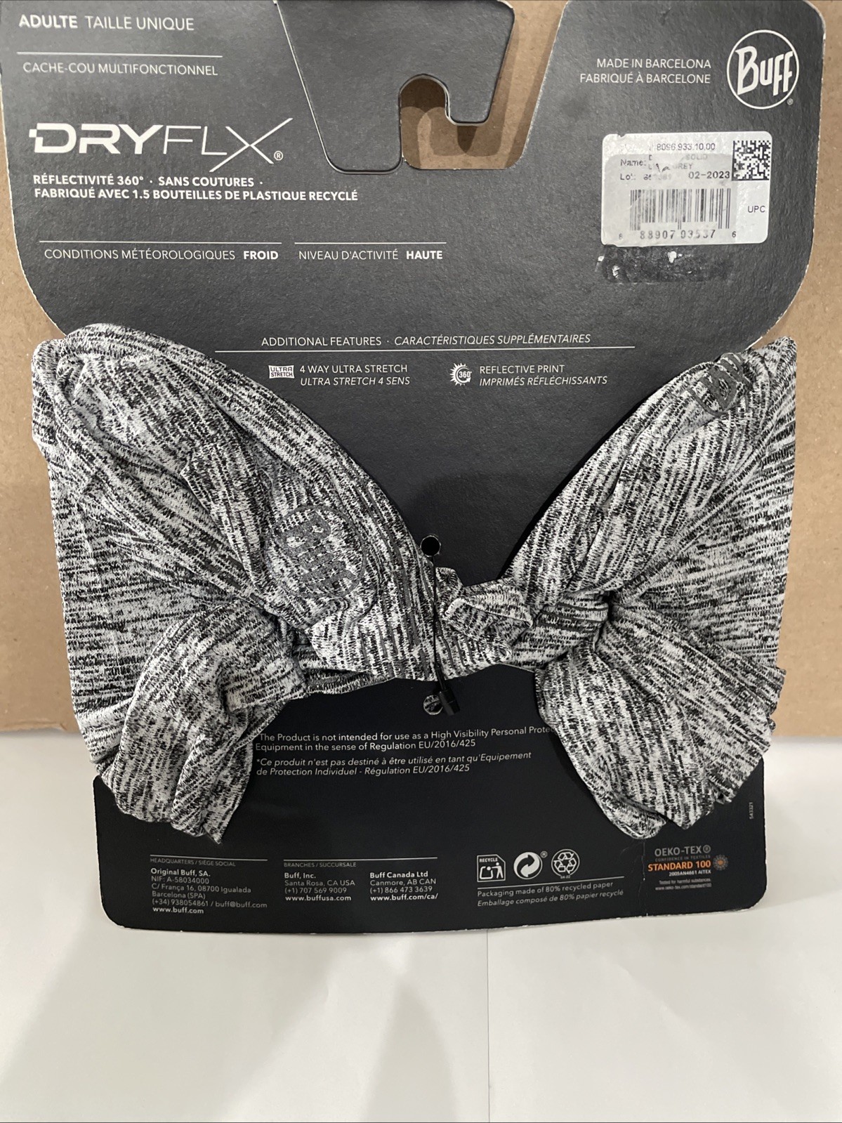 Buff Men's DryFlx Multifunctional Neck Gaiter Light Gray NWT