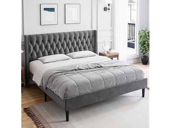 GAOMON King Bed Frame, Tufted Wingback, Gray Grey Modern