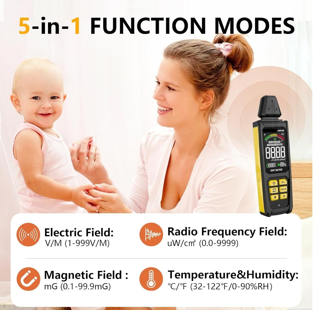 EMF Meter 5 in 1 Rechargeable Digital Electromagnetic Field Radiation EF RF MF