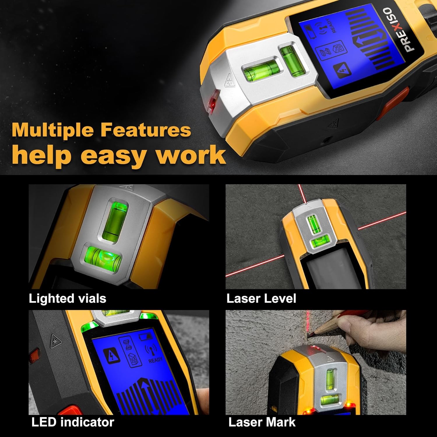 2-in-1 Stud Finder with Laser Level, Rechargeable Multi Surface Cross Line Laser