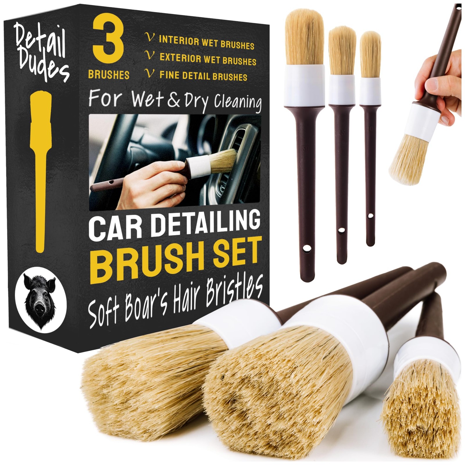 Car Detailing Brush Set 3-Pack, Interior and Exterior, 3 Pack(Starter), Brown