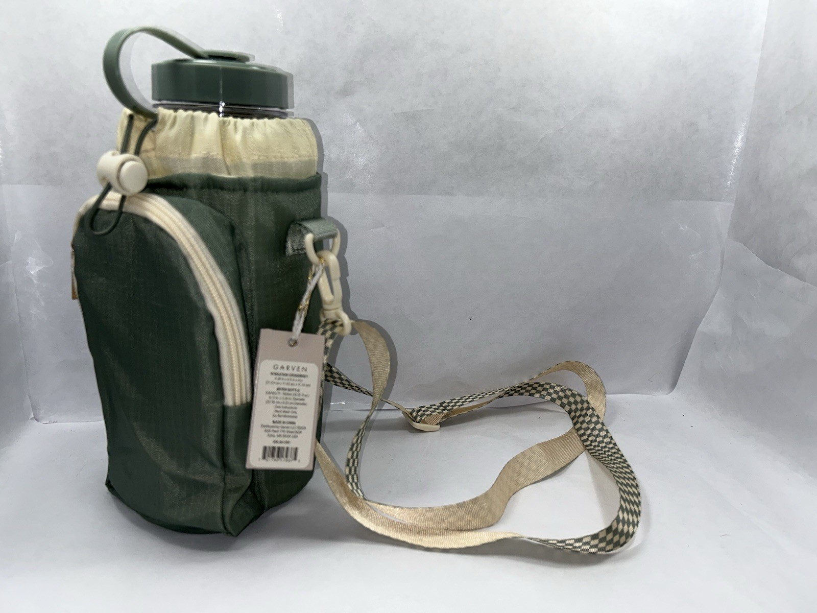 Garven Hydration Crossbody Bag with 1000mL Water Bottle Green Beige Check Strap