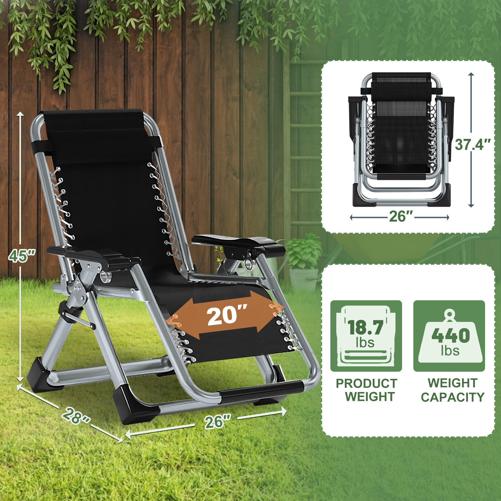 NAIZEA Zero Gravity Chair Set of 2 With Armrest Mat Reclining Lounge Patio Chair