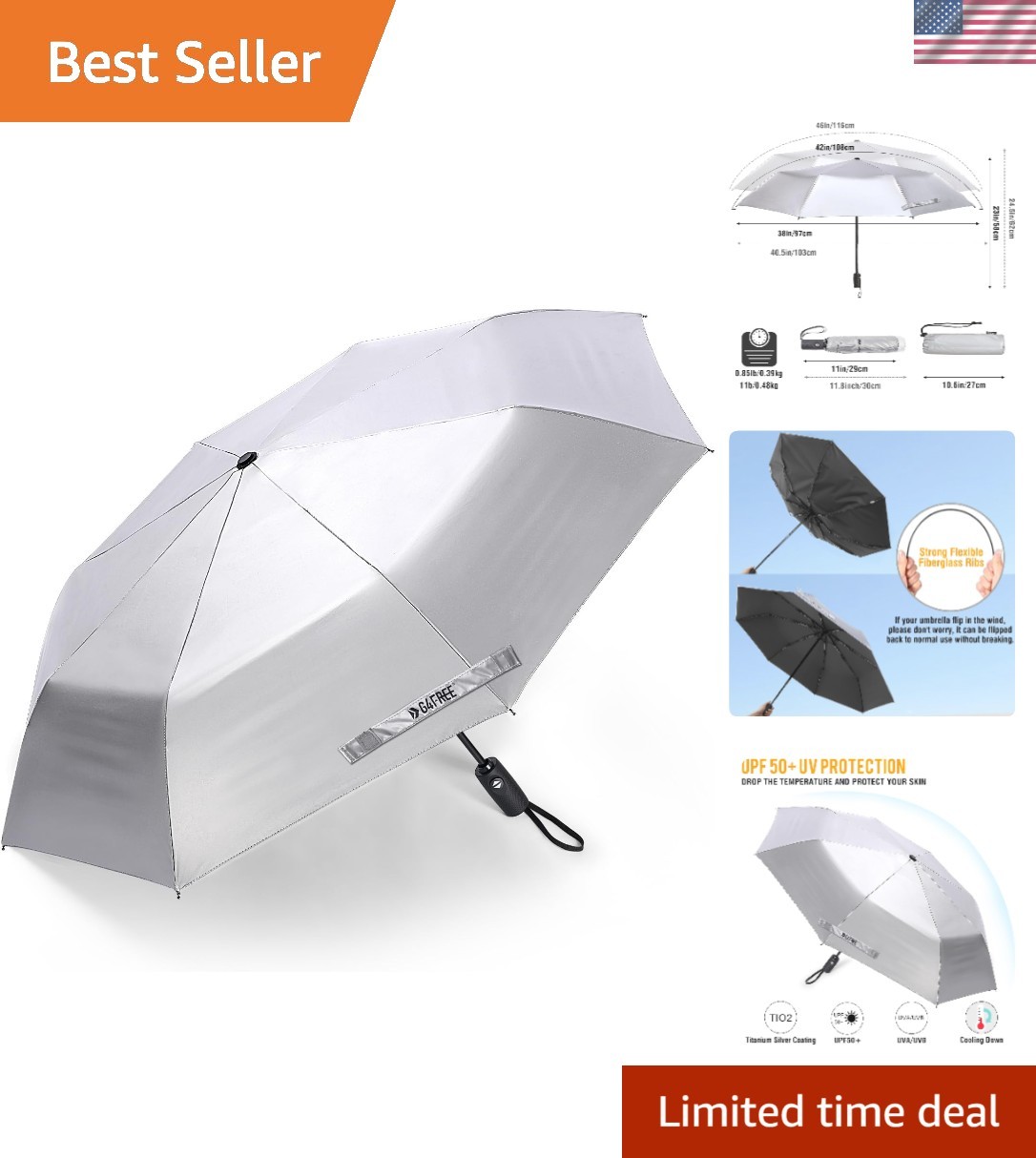 Versatile 46 Inch Travel Umbrella with UV Blocking and Wind Resistance