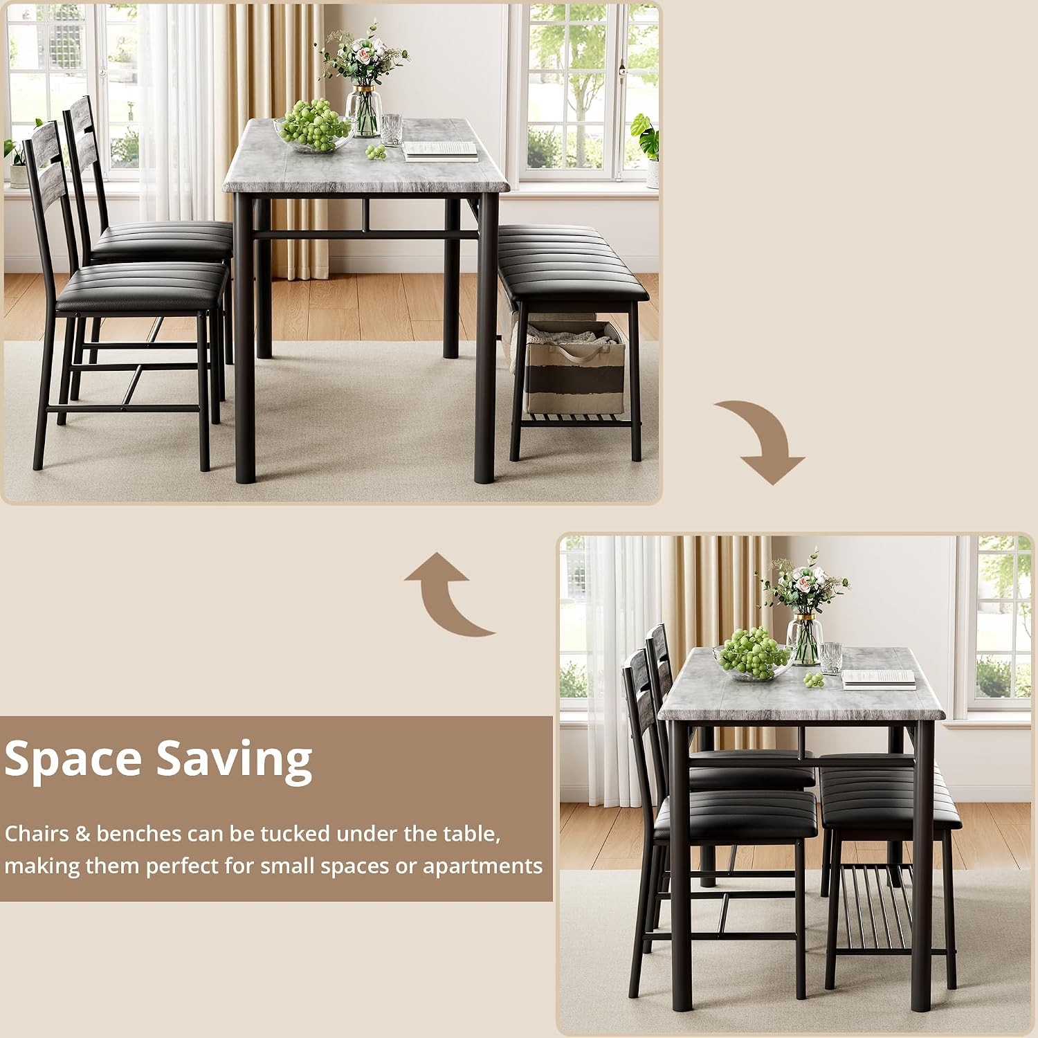 Dining Table Set 4 Kitchen Table W/ Upholstered Bench & 2 Chairs Kitchen Table &