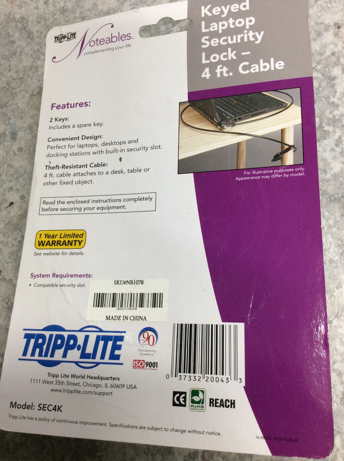 Tripp Lite Keyed Laptop Security Lock w/ 4ft. Cable SEC4K