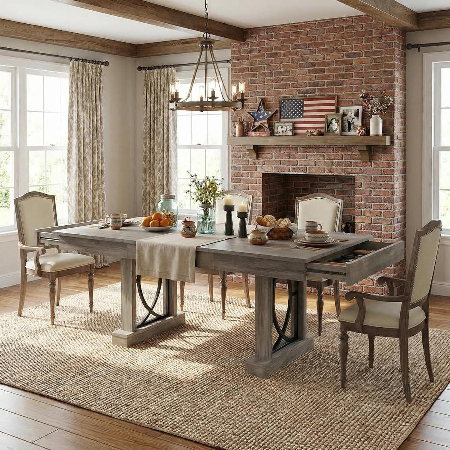Rustic Gray Wooden Dining Table for 6-8 with 2 Large Drawers, 71" Long