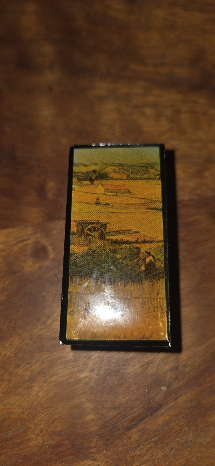 Vtg Small Enamel Box With Picture Of Field And Woman