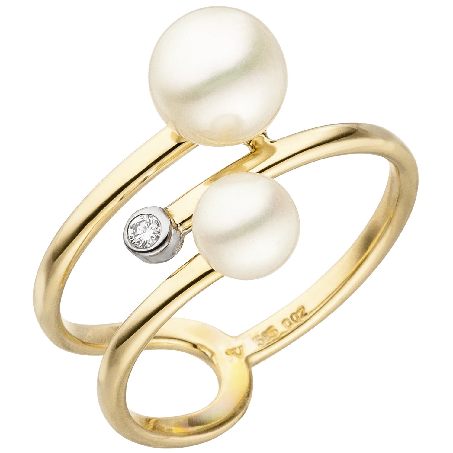 Jobo ladies' ring 585 Yellow gold 2 freshwater pearls 1 diamond brilliant RW: 60