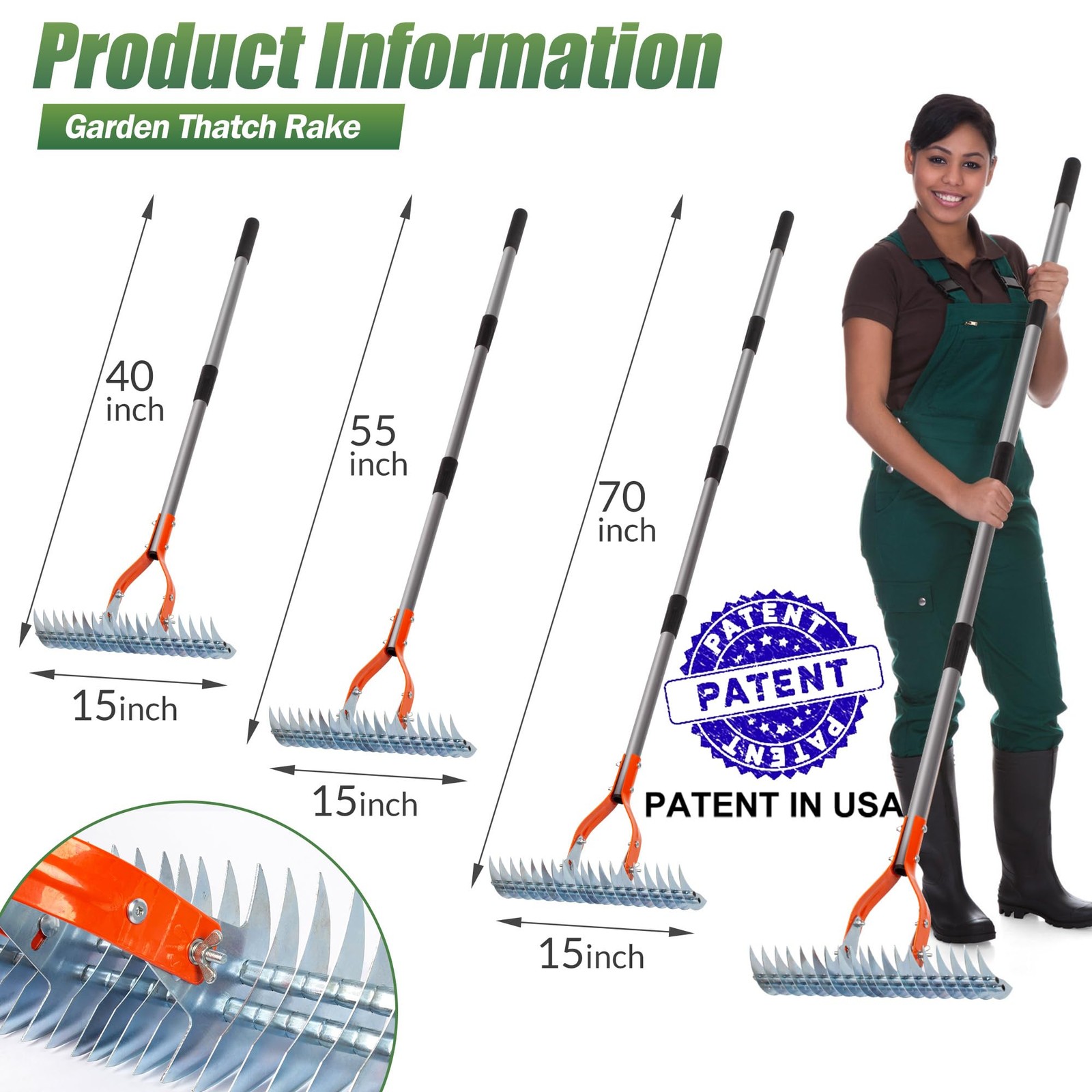 Thatch Rake, 15Inch Lawn Thatching Rake, Robust Dethatcher Rake, Efficient St...