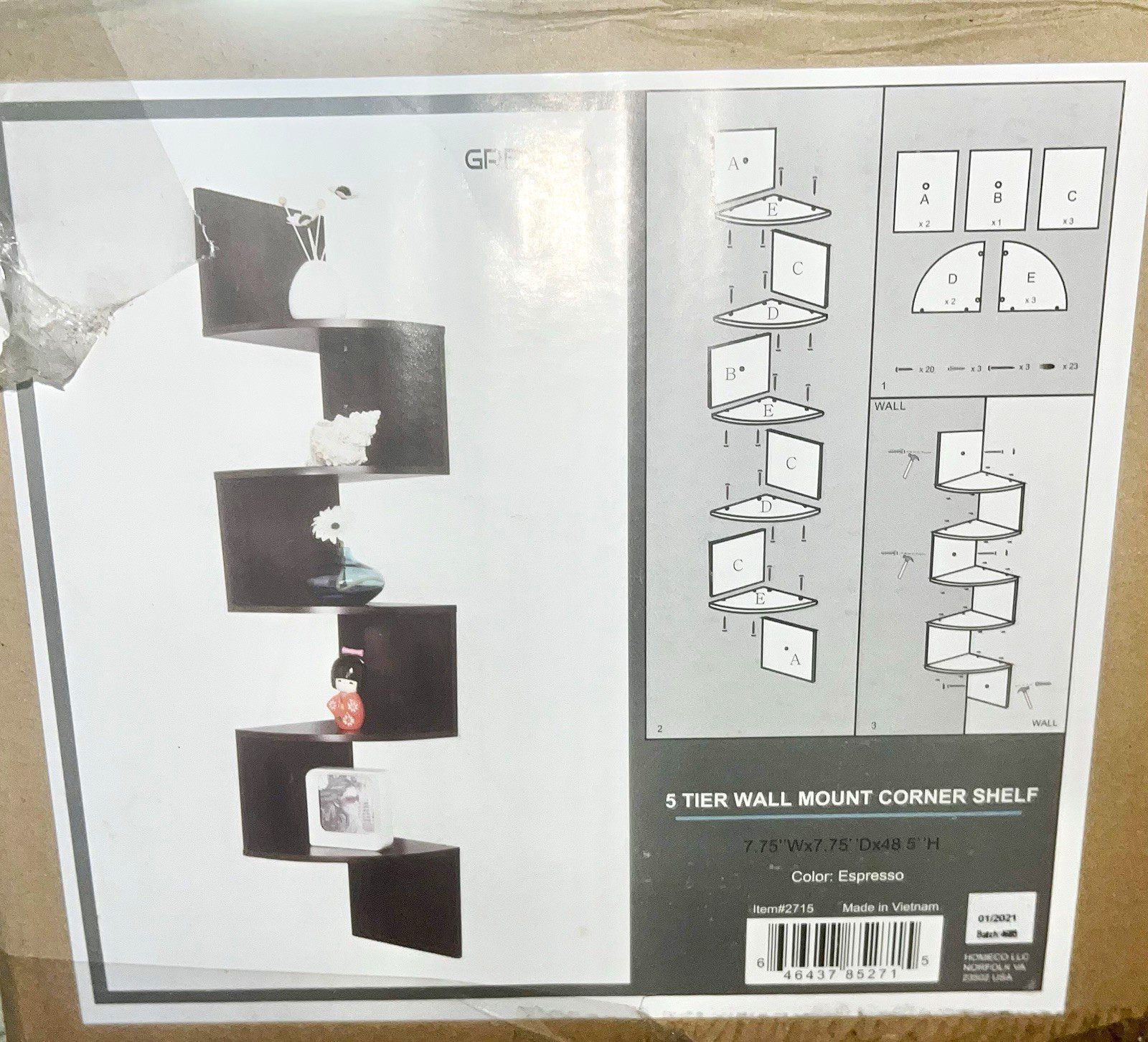 HOMECO LLC 5-Tier Wall Mounted Corner Shelf, Espresso, 7.75x7.75x48.5