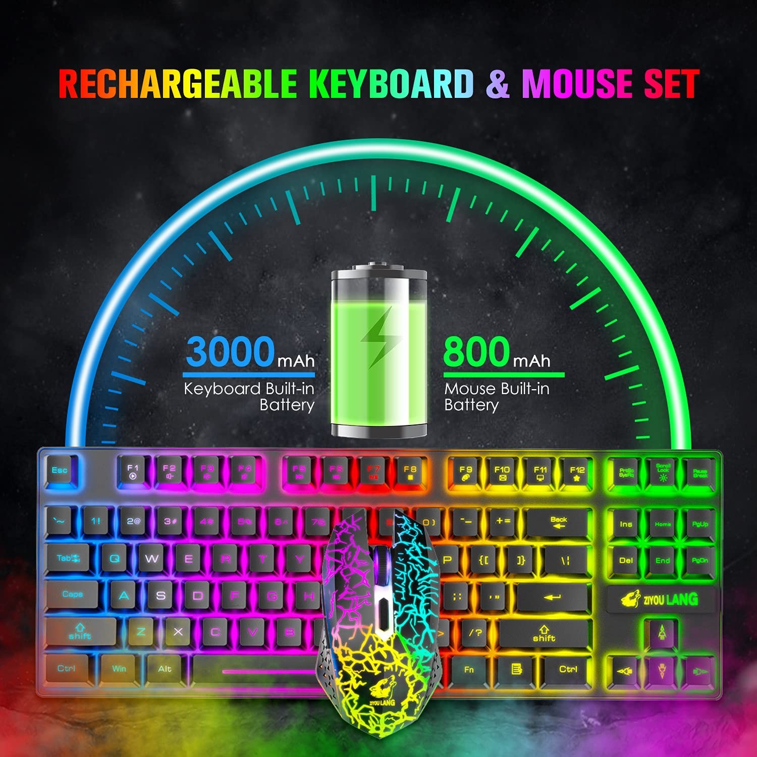 Wireless Gaming Keyboard and Mouse Combo,Rainbow Backlit Rechargeable 3800mAh...