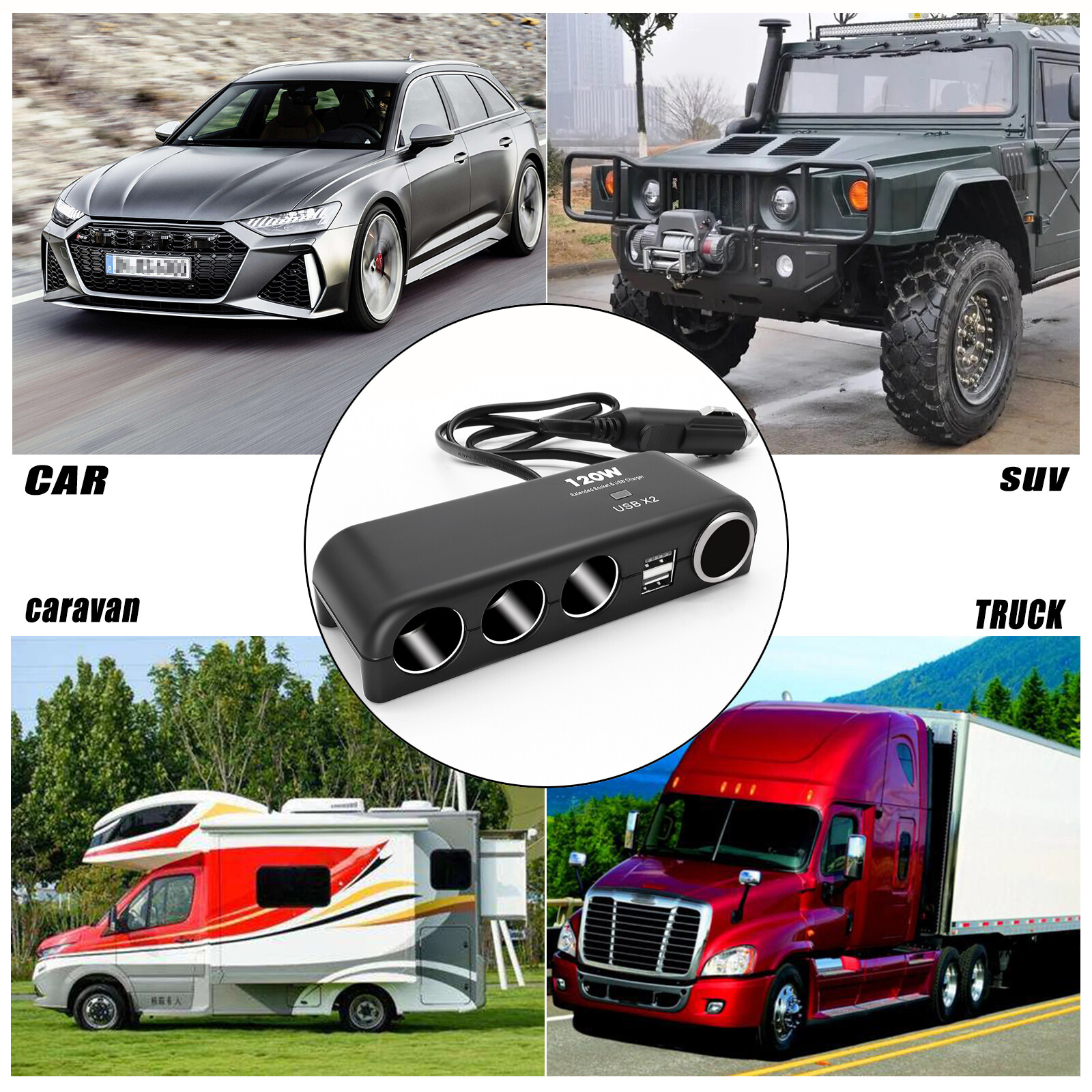 4 Way Multi Socket Car Cigarette Lighter Splitter USB 12V 120W Charger Adapter