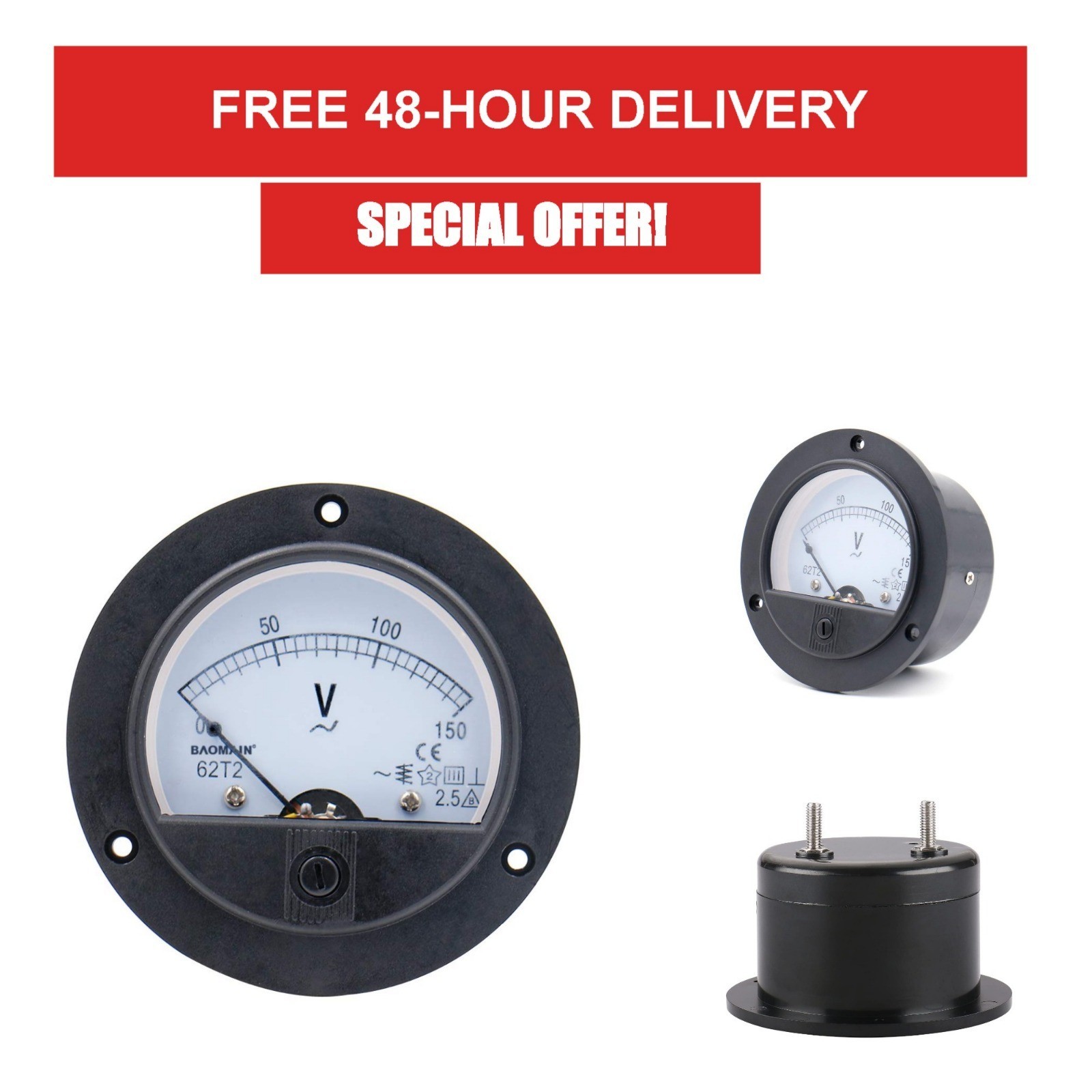 Baomain Round Analog Voltmeter 62T2 AC 0-150V Class 2.5 Accuracy