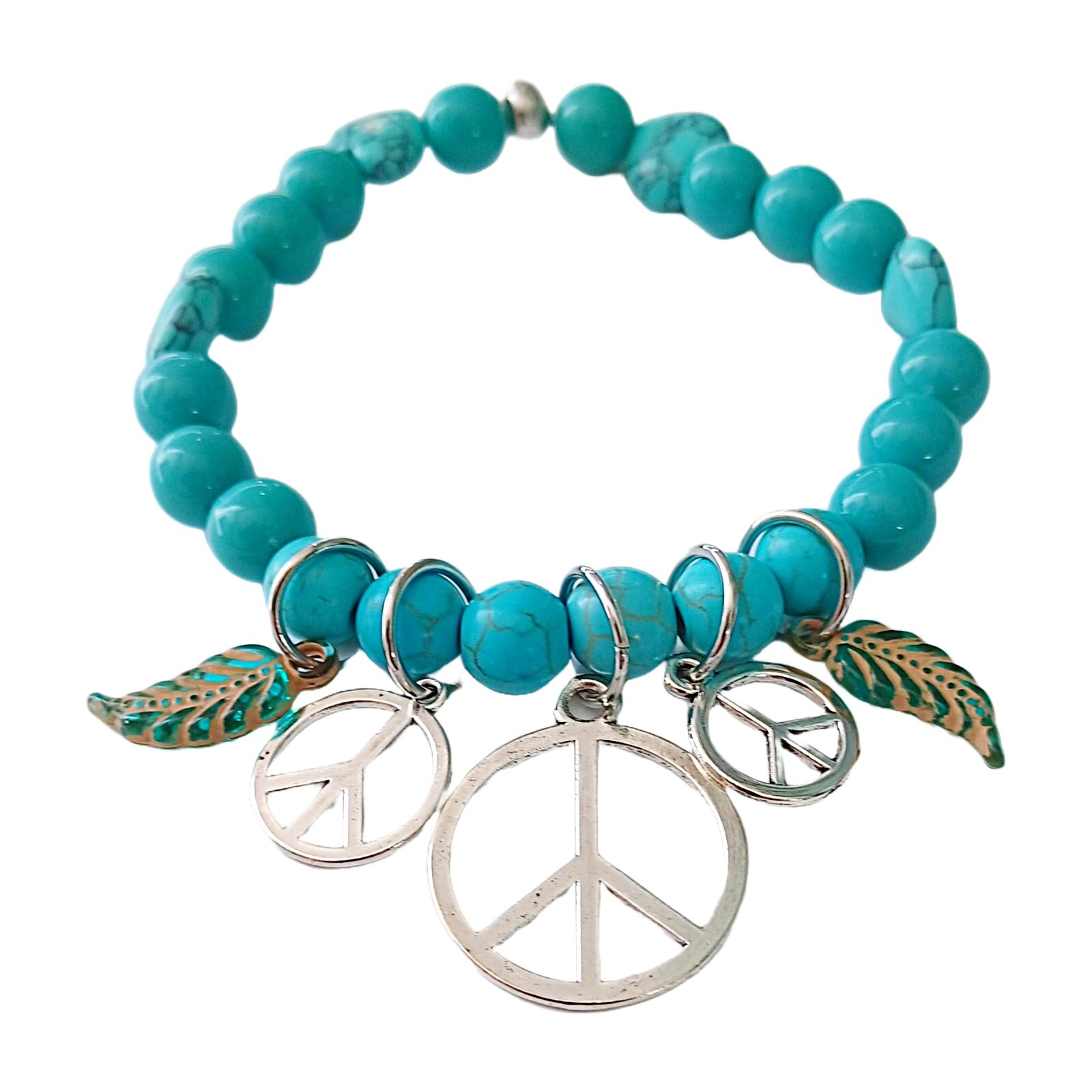 Fashionable Chic Teal Beaded Peace Bracelet-Dangling Charms
