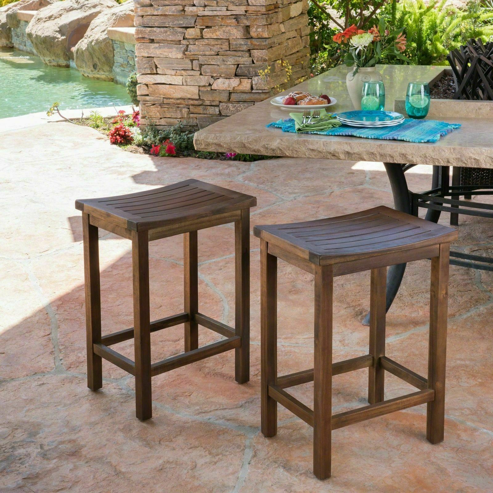 Doric Outdoor Mahogany Brown Finish Acacia Wood Counter Stools