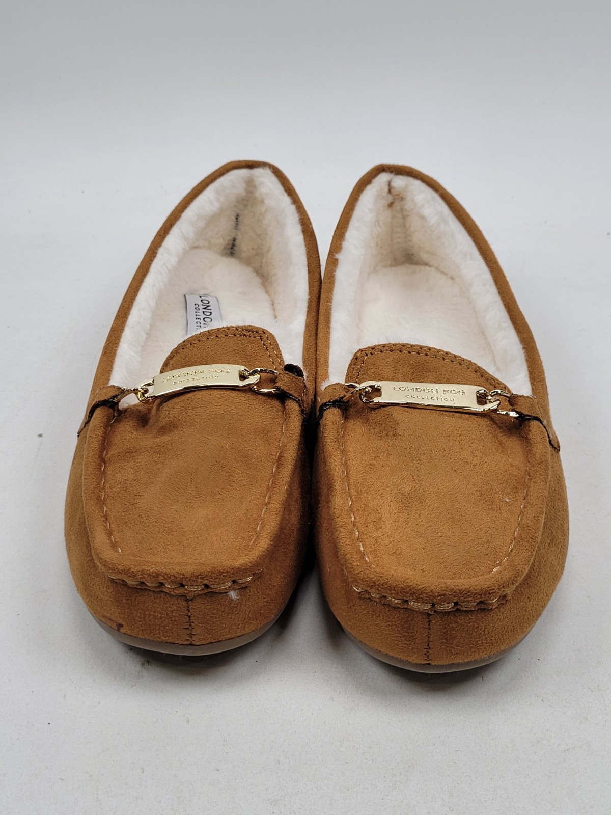 London Fog Lisa Women Faux Fur Lined Moccasin Slippers SIZE 10M Cognac