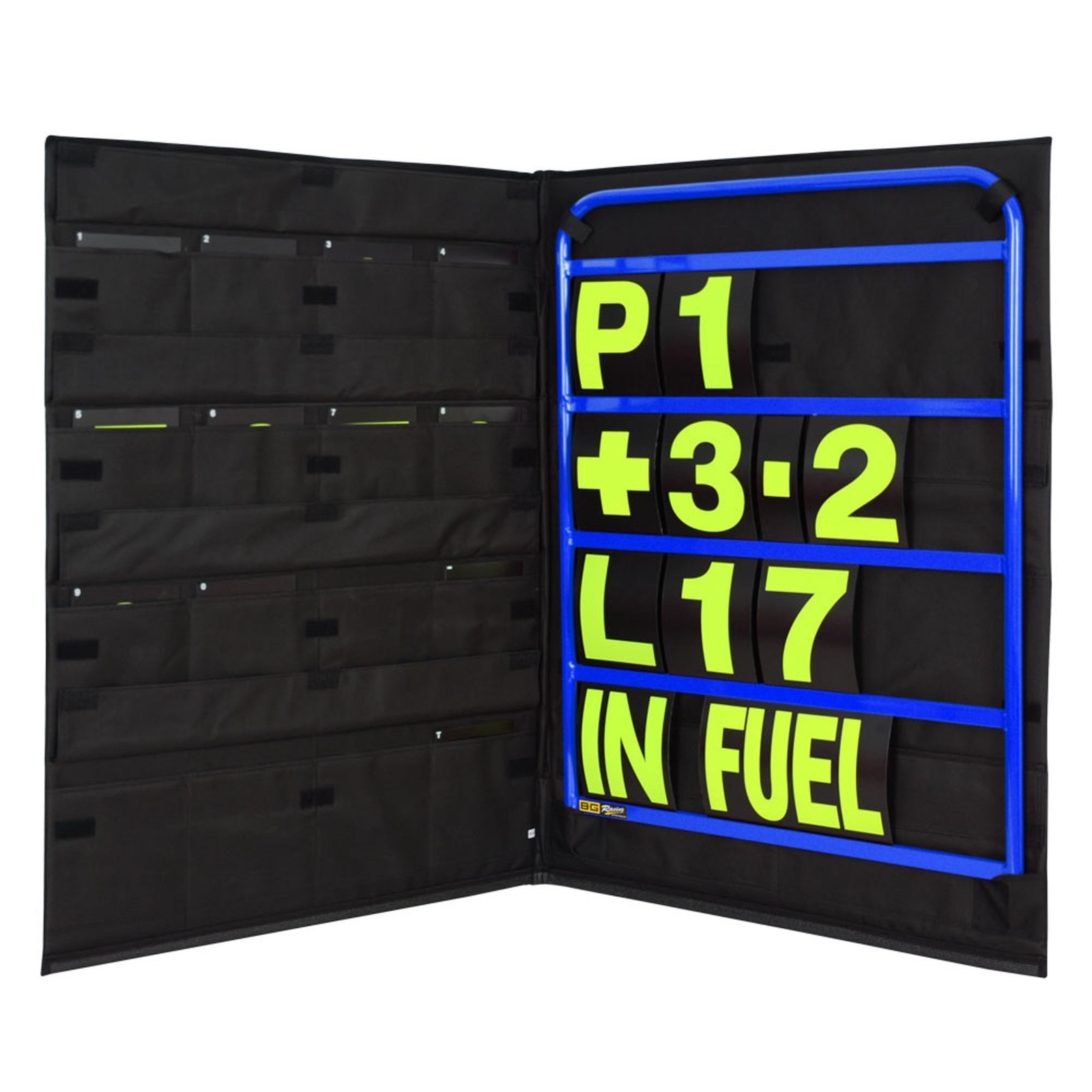 BG Racing Standard Blue Aluminium Pit Board Kit - Yellow Numbers & Bag