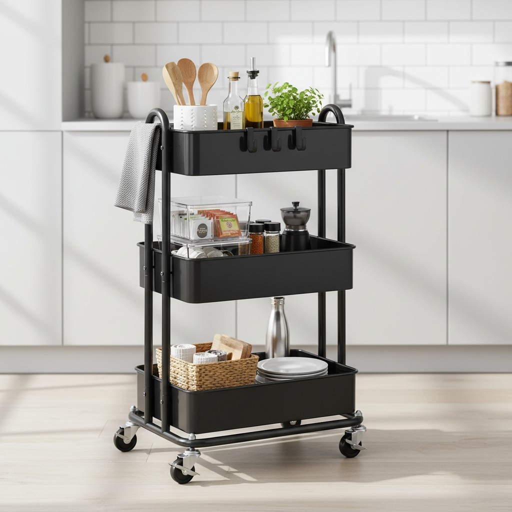 Stylish 3-Tier Heavy Duty Metal Utility Rolling Cart with Locking Casters