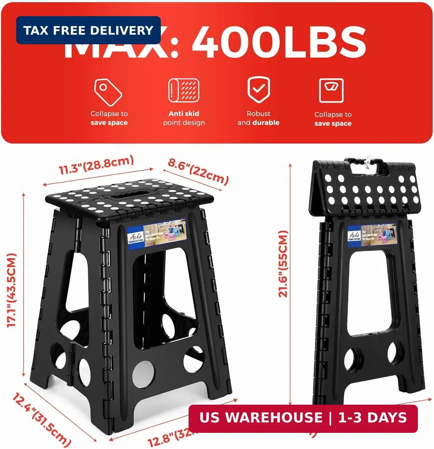 ACKO Folding Step Stool Foldable 17.5 Inch 400 lbs Capacity, Plastic Stools for