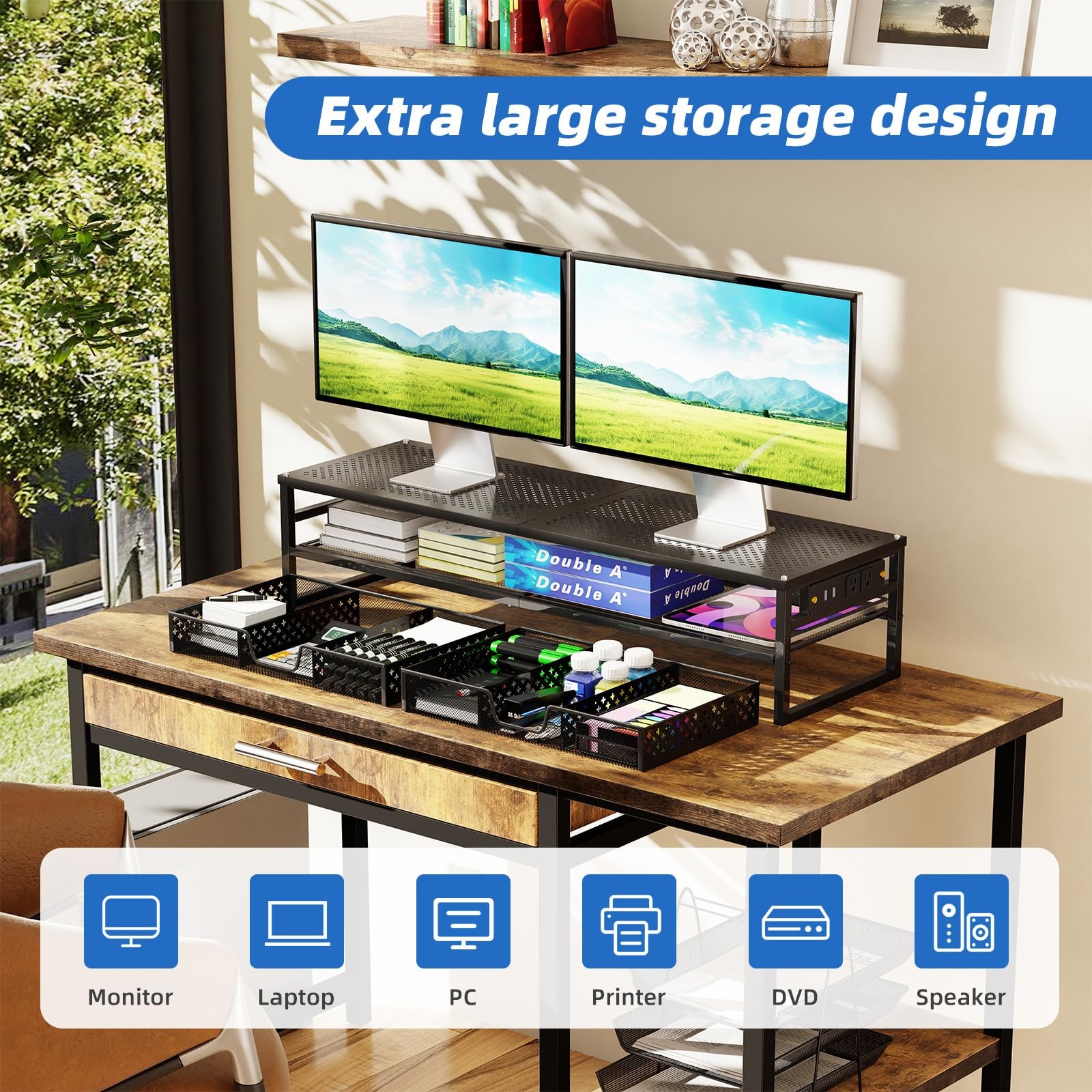 2 Tier Metal Monitor Stand Riser with USB 2.0 and Charging Prot Computer Off...