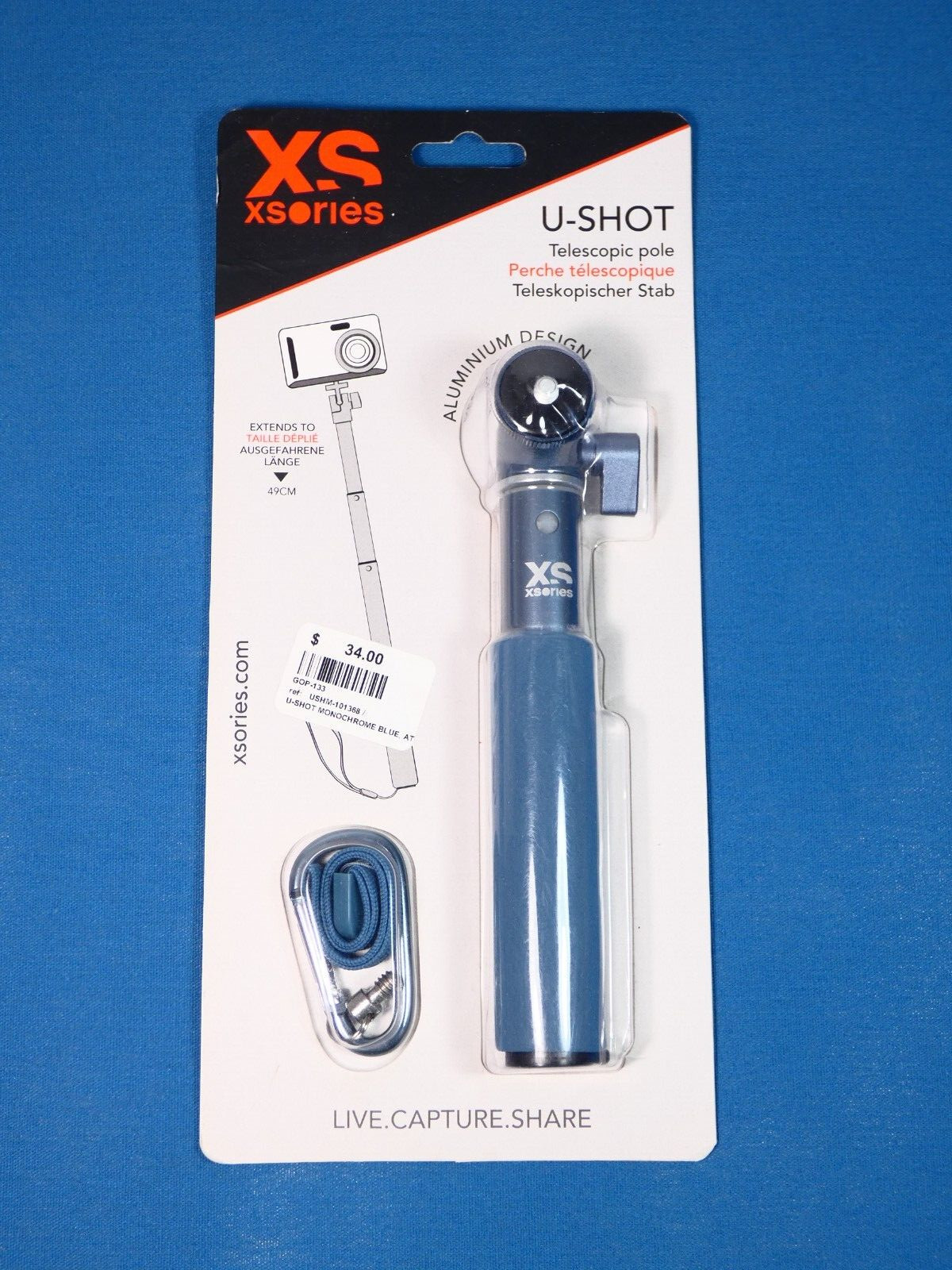 XSories USHM101368 U-Shot Blue Telescopic Pole Selfie Stick Extends to 19"