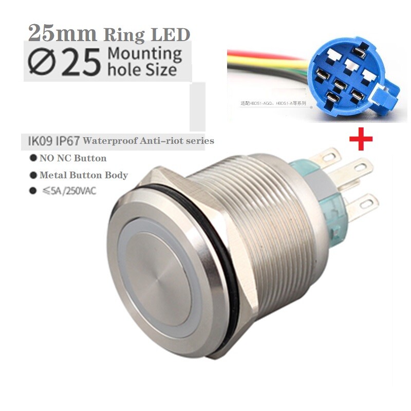 25mm LED Ring illuminated Waterproof IP65Stainless steel Push button switch ROHS