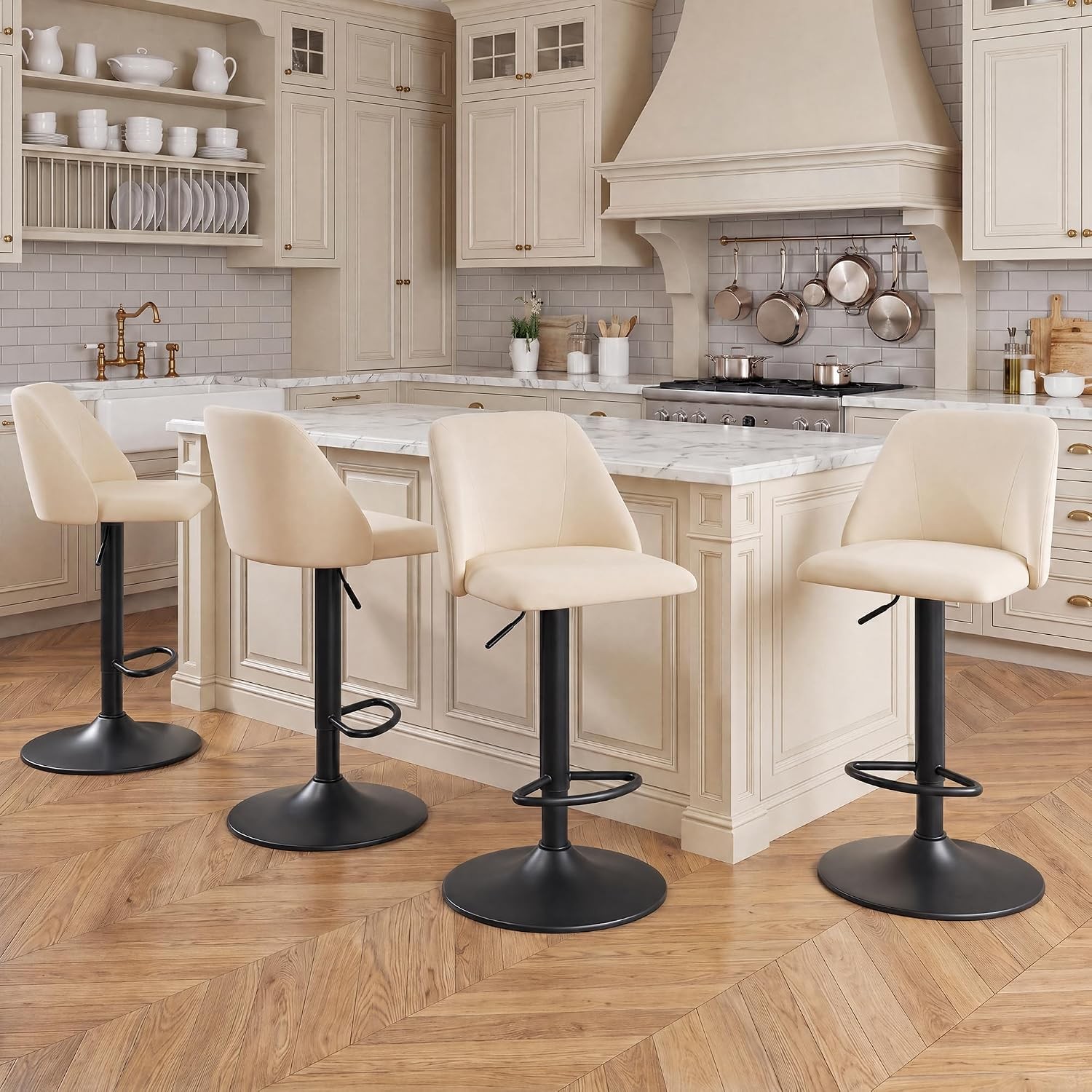 Bar Stools Set of 4, Swivel Counter Height Stools with Back, Fabric Upholstered