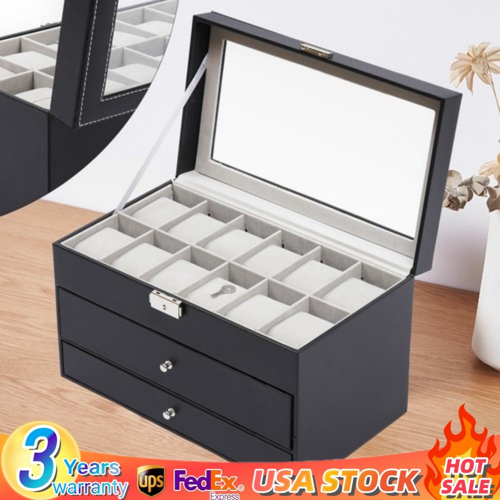 Watch Display Box&Jewelry Storage Case Multi-Purpose Organizer Box w/ Glass Top