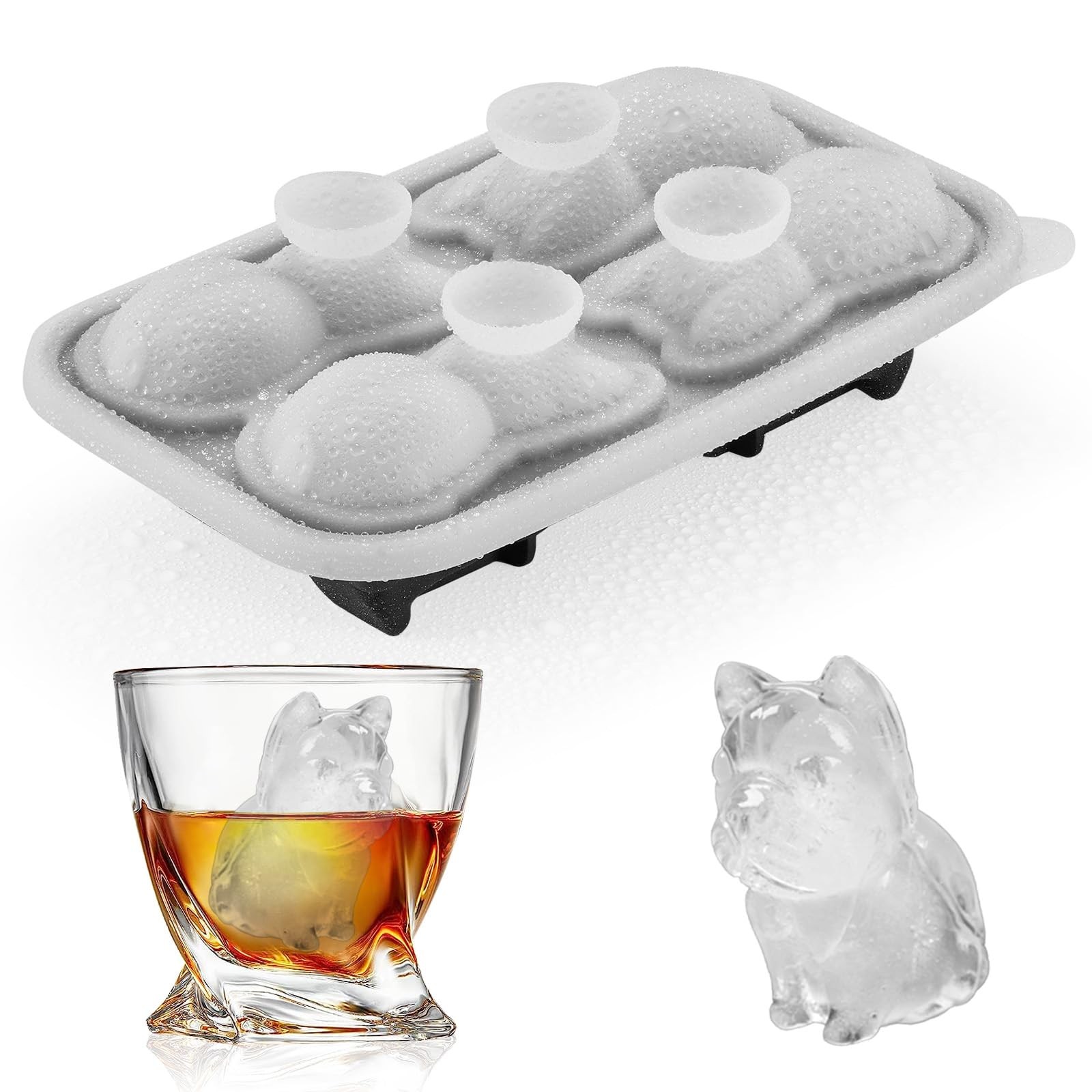 French Bulldog Ice Cube Mold, 4 Hole Fun Shapes Large Frenchie Bull Dog