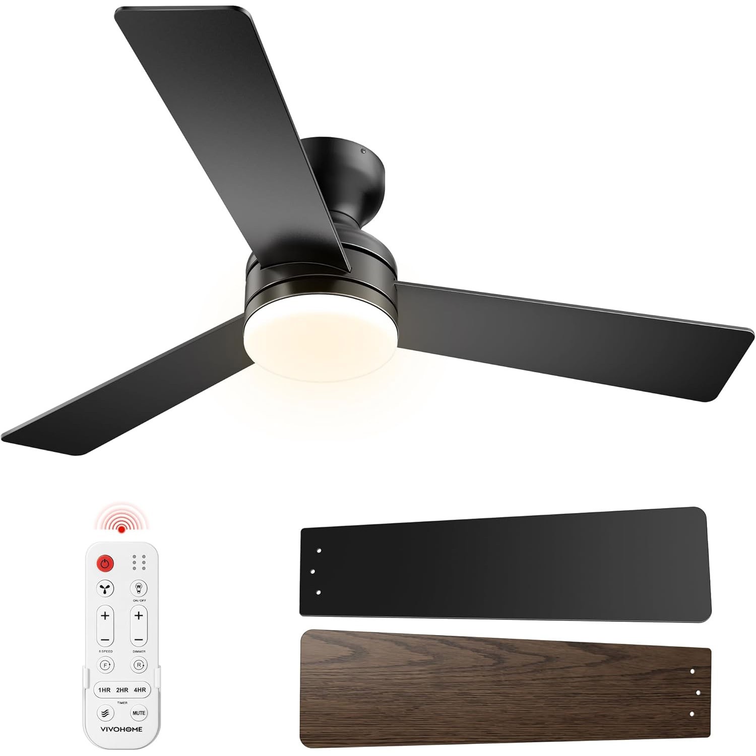 42" Ceiling Fan with Light Low Profile Flush Mount Remote 6+1 Speed 3CCT Black