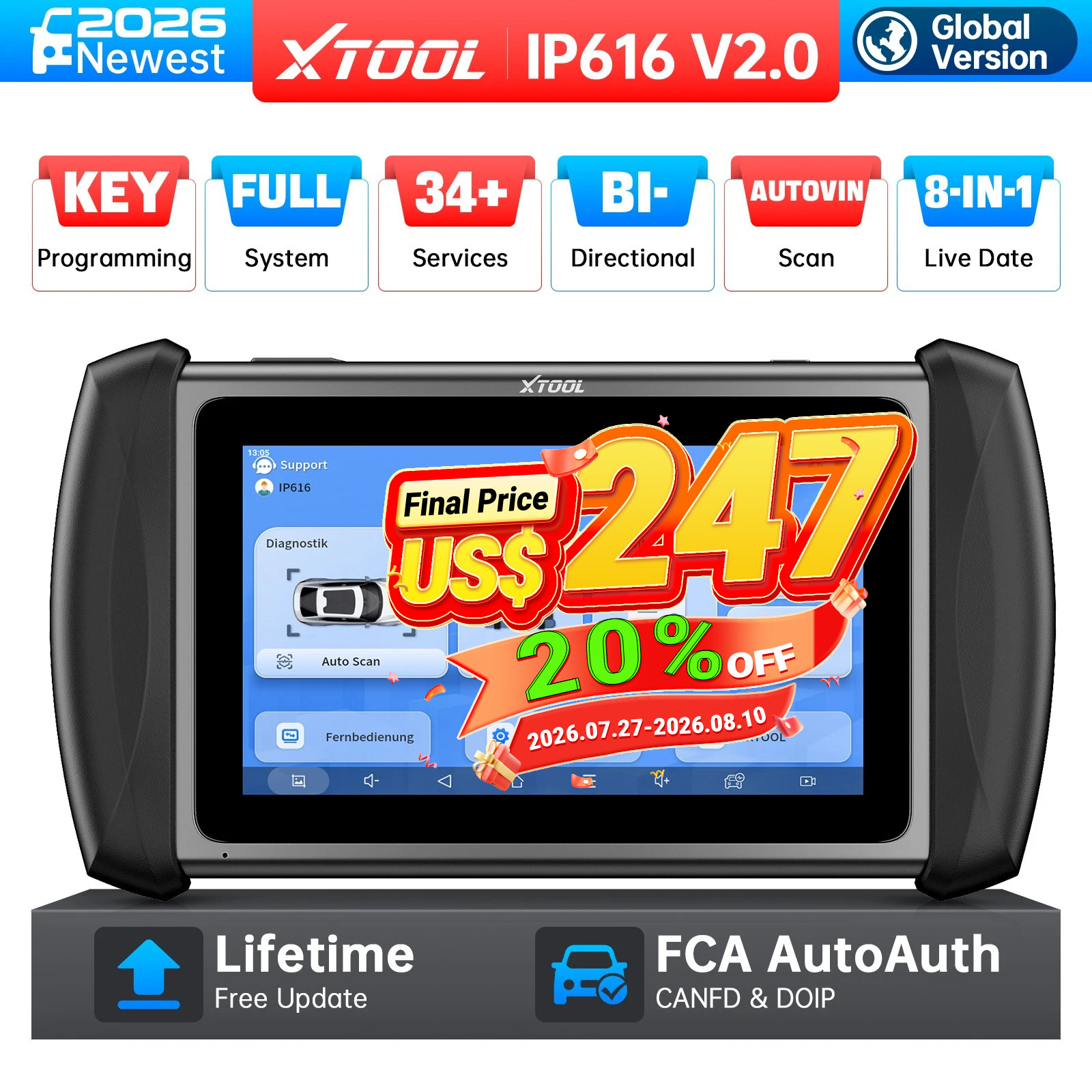 2026 XTOOL IP616 V2.0 Bi-directional Diagnostic Tool OBD2 Scanner Key Programmer