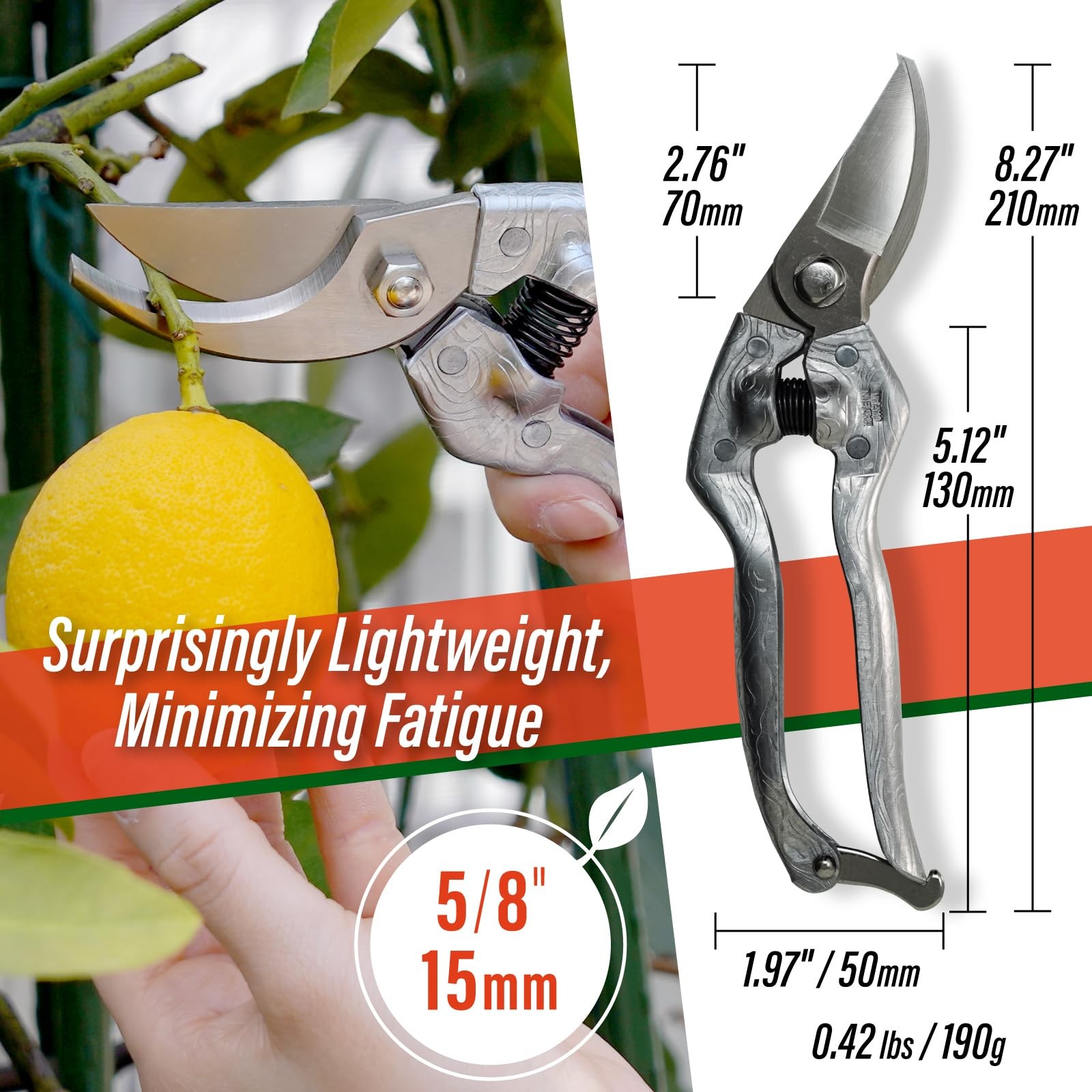 SUIZAN Bypass Pruning Shears 8.3” Plus Forged Aluminum Handle - Silver