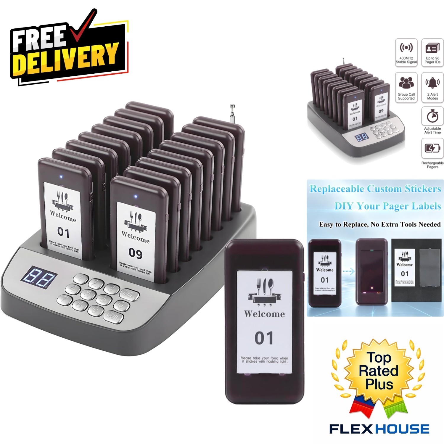 16-Pager Wireless Restaurant Paging System - 500ft Range for Quick Notifications