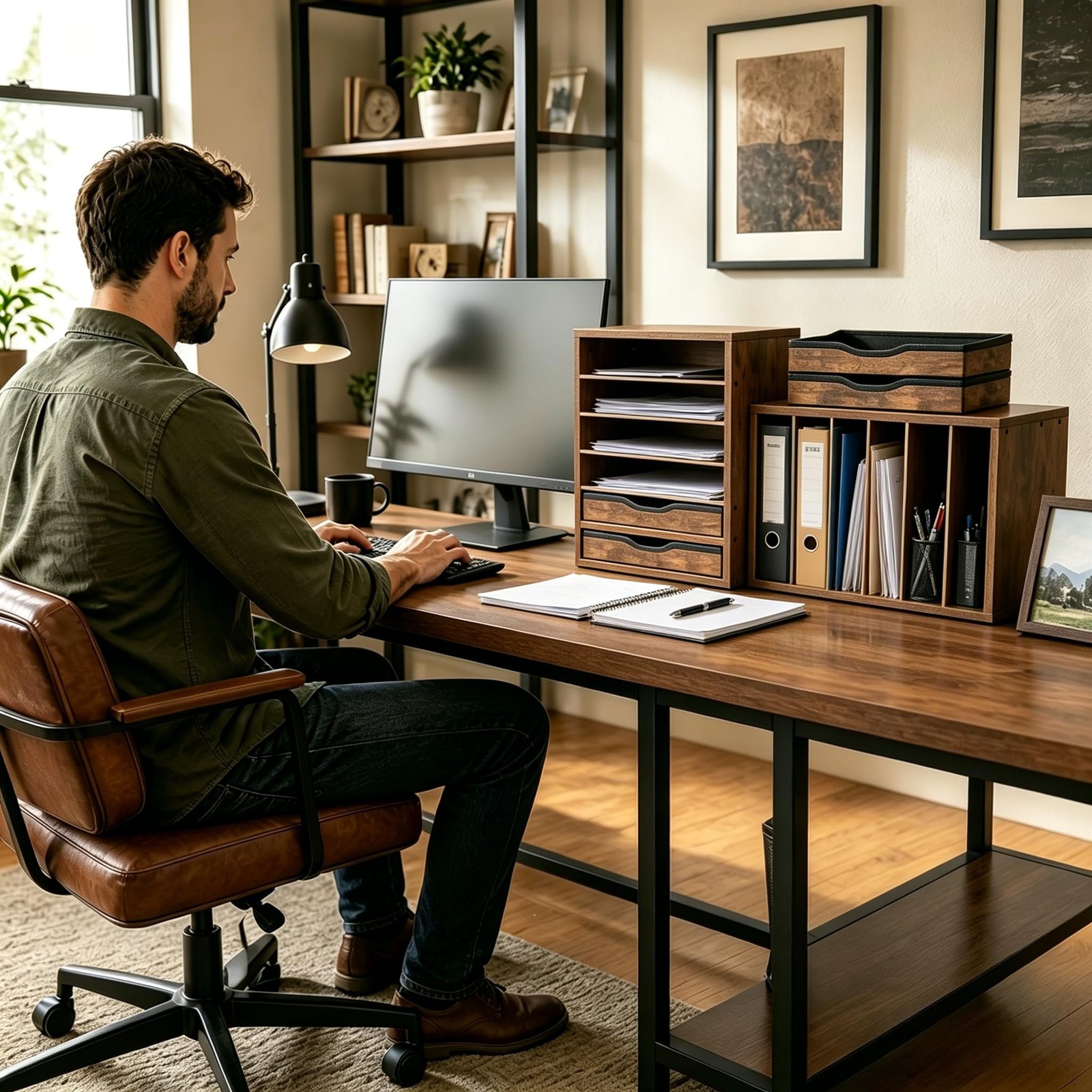 Wooden Desk Organizer with Drawers, 6 Tier Adjustable Paper & File Storage Or...