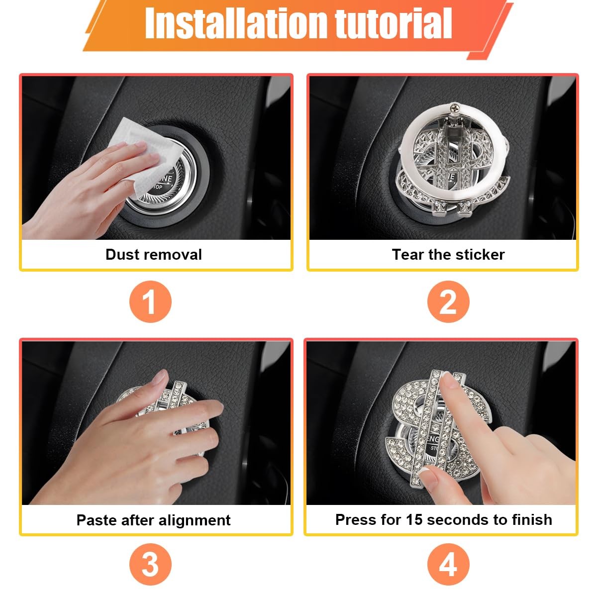 Bling Dollar Car Push Start Button Cover with Rhinestone, Anti-Scratch Engine St