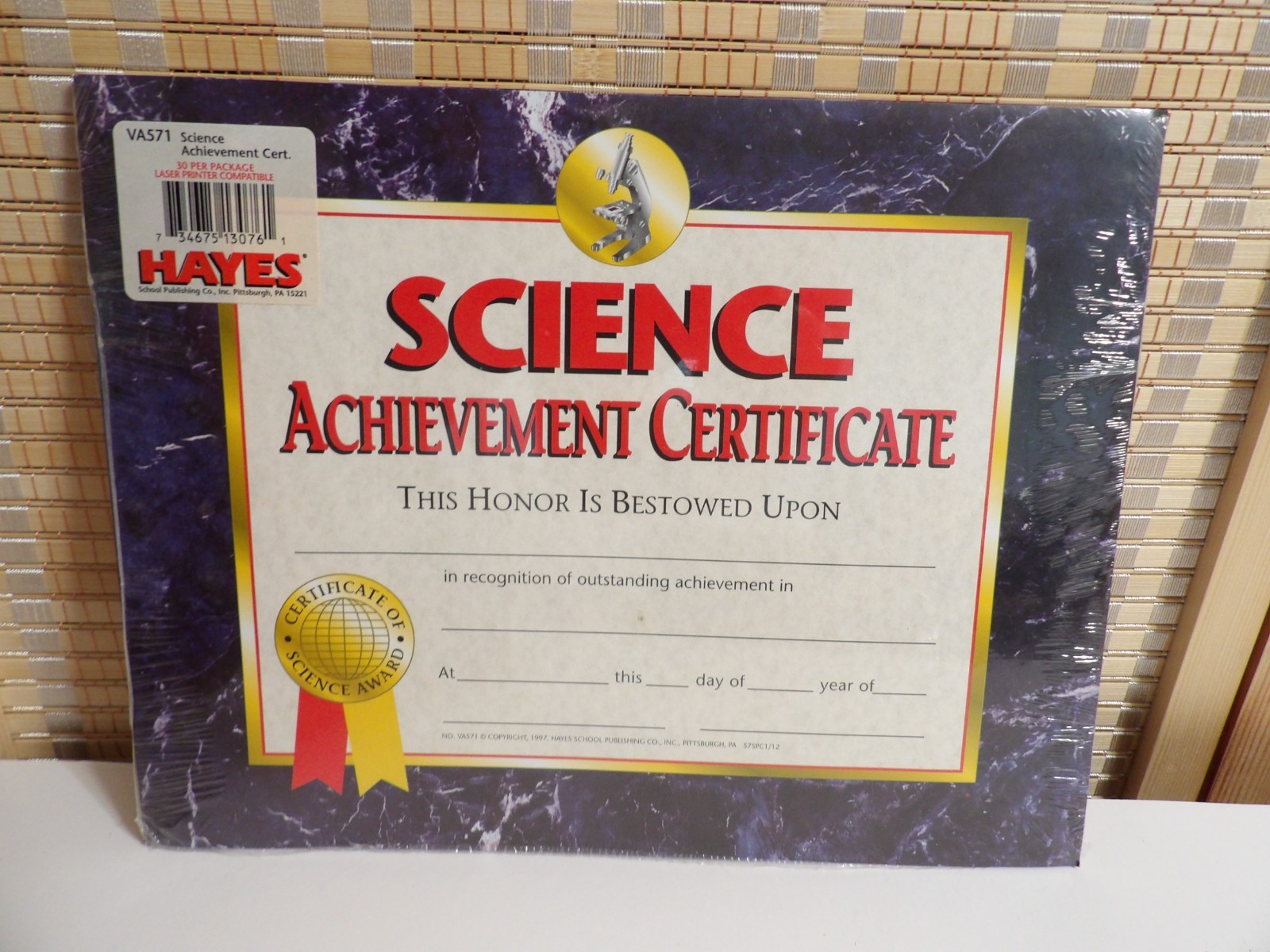 Hayes Science Achievement Certificate 8.5" x 11" Pack of 30 (VA571)