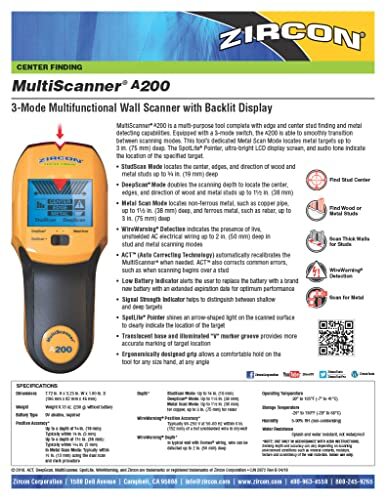 Zircon Multiscanner A200 Electronic Wall Scanner / Metal Detector/ Live AC Wi