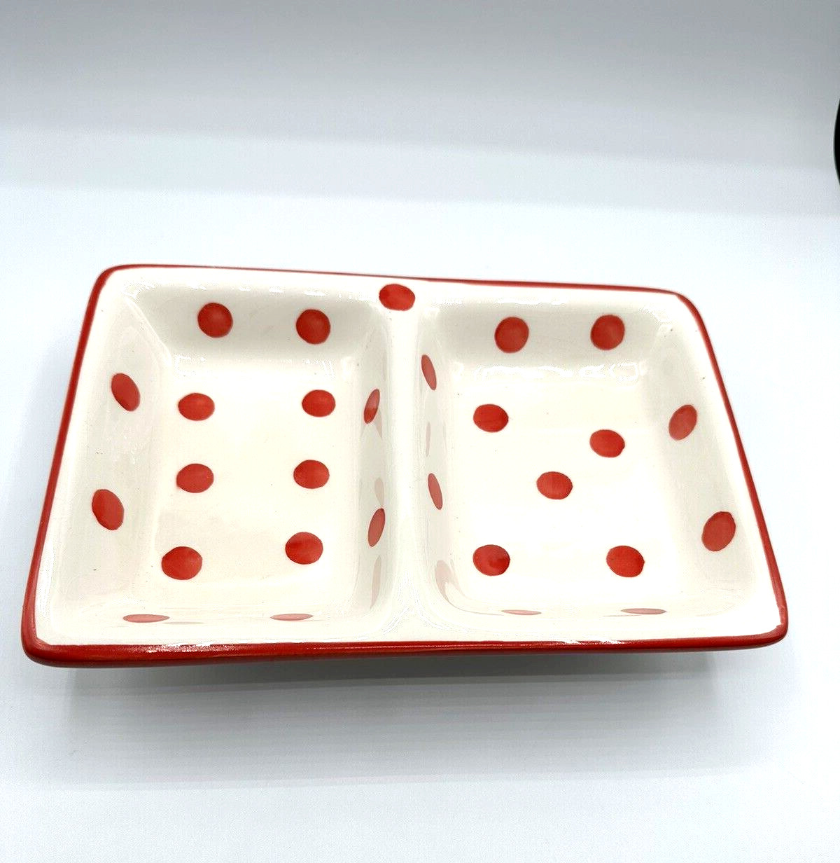 Divided Candy Condiment Dish  White Red Polka Dots Country Farmhouse 9"x6" ~