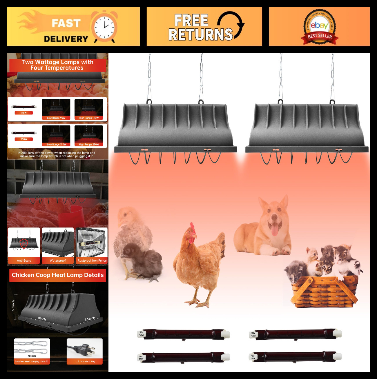Adjustable Chicken Coop Heater with 2 Heat Lamps, 250W & 175W, Temp Control for