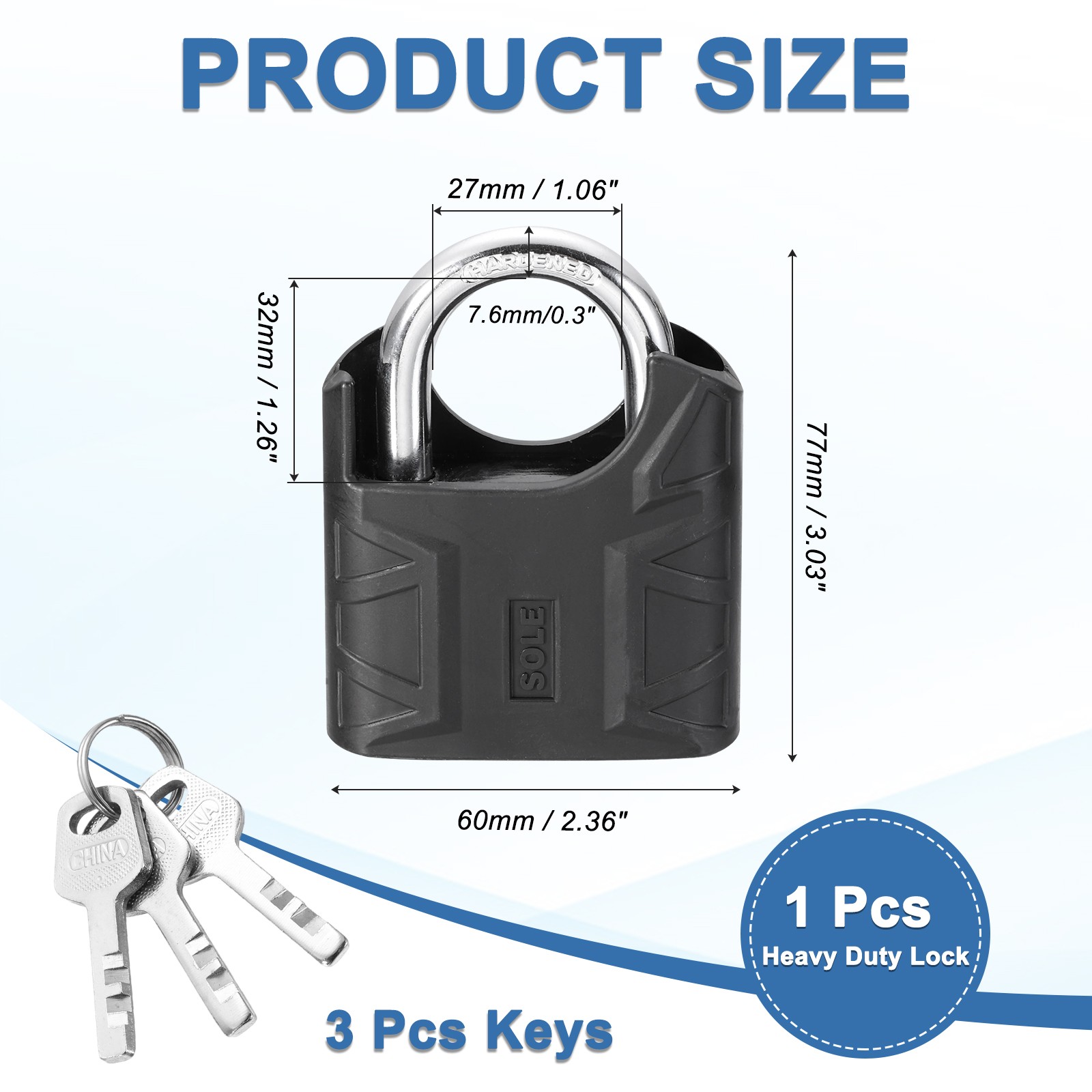 High Security Solid Steel Padlock with Key, Black (2-3/8 Inch)