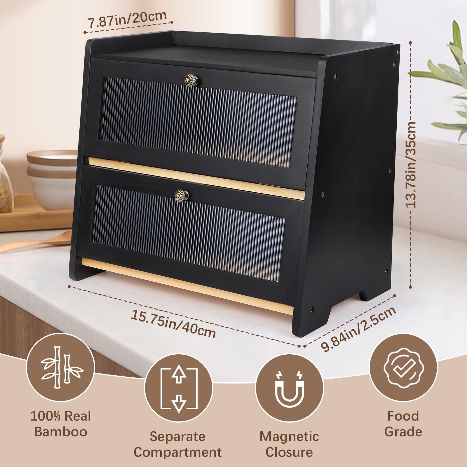 VEDALIO Bread Box For Kitchen Countertop, Black Breadbox, Bread Boxes for Kit...