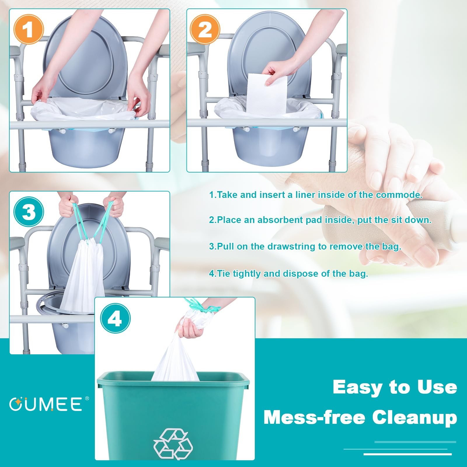 OUMEE 90 Commode Liners & 90 Absorbent Pads for Bedside Toilets, Leak-Proof