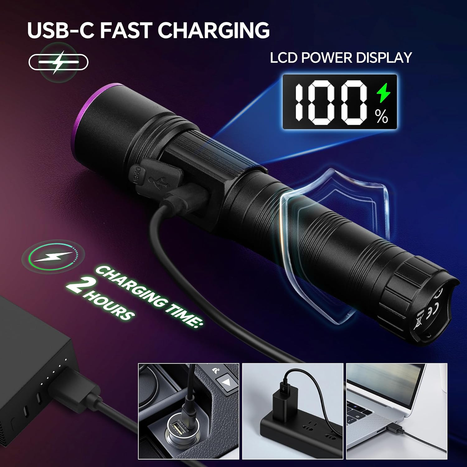365Nm Black Light Flashlight, UV Flashlight Rechargeable with LCD Display, Power