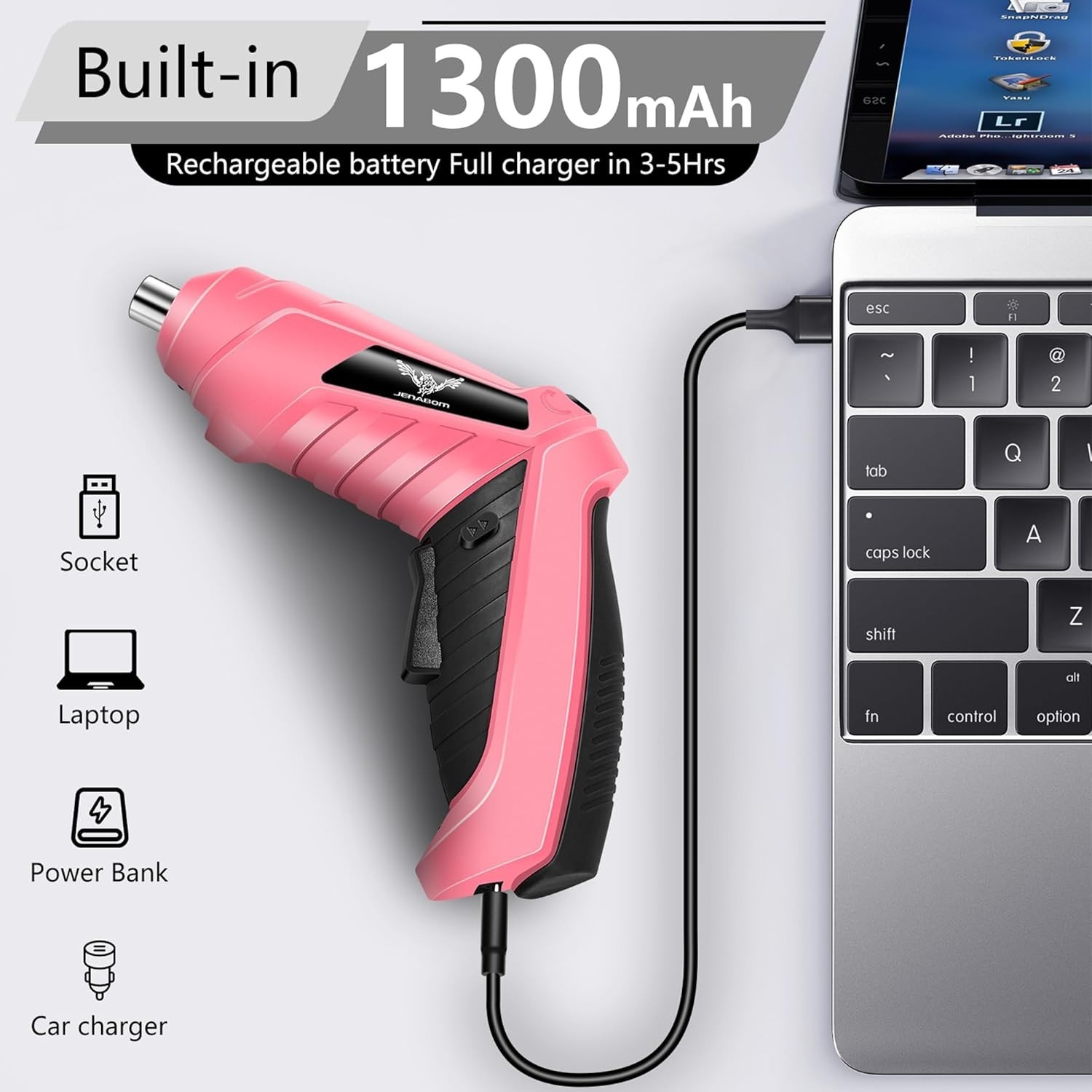 Stylish 3.6V Pink Cordless Screwdriver with 14 Bits & LED Light - Efficient Tool